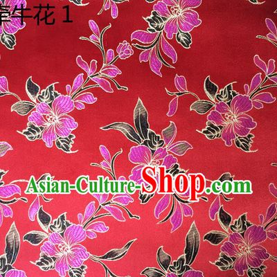 Traditional Asian Chinese Handmade Embroidery Morning Glory Flowers Silk Satin Tang Suit Red Fabric Drapery, Nanjing Brocade Ancient Costume Hanfu Cheongsam Cloth Material