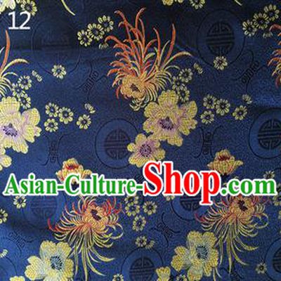 Traditional Asian Chinese Handmade Embroidery Marguerite Flowers Silk Satin Tang Suit Navy Fabric Drapery, Nanjing Brocade Ancient Costume Hanfu Cheongsam Cloth Material
