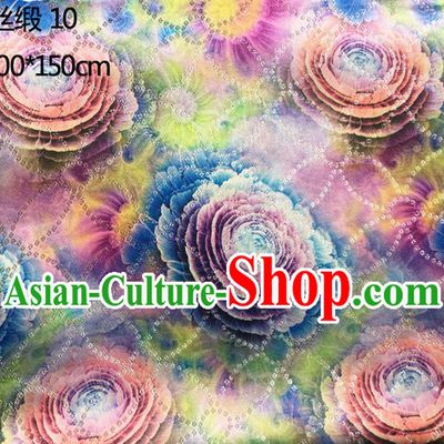 Traditional Asian Chinese Handmade Printing Lotus Color Silk Satin Tang Suit Golden Fabric Drapery, Nanjing Brocade Ancient Costume Hanfu Cheongsam Cloth Material