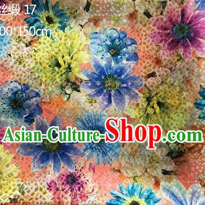 Traditional Asian Chinese Handmade Printing Blue Sunflowers Color Silk Satin Tang Suit Fabric Drapery, Nanjing Brocade Ancient Costume Hanfu Cheongsam Cloth Material