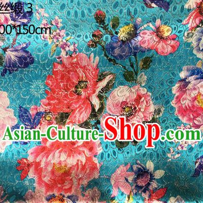 Traditional Asian Chinese Handmade Printing Peony Flowers Color Silk Satin Tang Suit Blue Fabric Drapery, Nanjing Brocade Ancient Costume Hanfu Cheongsam Cloth Material