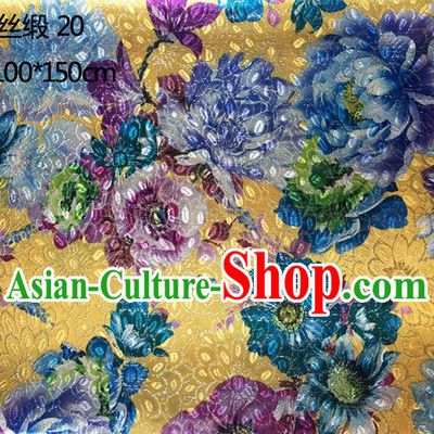 Traditional Asian Chinese Handmade Printing Peony Flowers Color Silk Satin Tang Suit Yellow Fabric Drapery, Nanjing Brocade Ancient Costume Hanfu Cheongsam Cloth Material