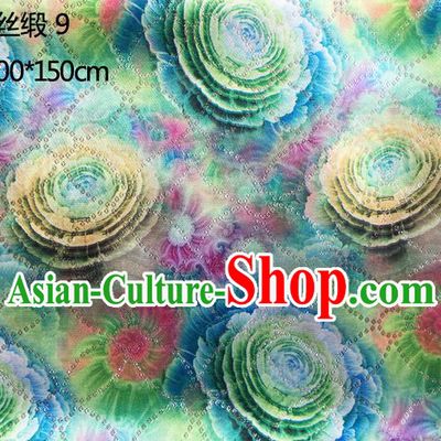 Traditional Asian Chinese Handmade Printing Peony Flowers Color Silk Satin Tang Suit Green Fabric Drapery, Nanjing Brocade Ancient Costume Hanfu Cheongsam Cloth Material