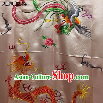 Traditional Asian Chinese Handmade Embroidery Dragon and Phoenix Quilt Cover Silk Tapestry Light Pink Fabric Drapery, Top Grade Nanjing Brocade Bed Sheet Cloth Material