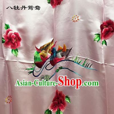 Traditional Asian Chinese Handmade Embroidery Mandarin Ducks Peony Quilt Cover Silk Tapestry Pink Fabric Drapery, Top Grade Nanjing Brocade Bed Sheet Cloth Material