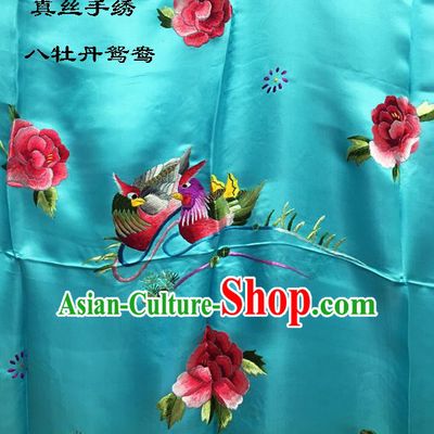 Traditional Asian Chinese Handmade Embroidery Mandarin Ducks Peony Quilt Cover Silk Tapestry Blue Fabric Drapery, Top Grade Nanjing Brocade Bed Sheet Cloth Material