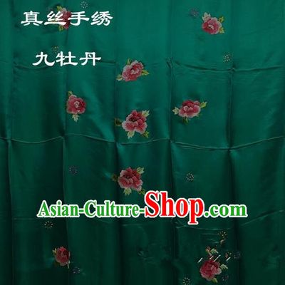 Traditional Asian Chinese Handmade Embroidery Ninth Peony Quilt Cover Silk Tapestry Deep Green Fabric Drapery, Top Grade Nanjing Brocade Bed Sheet Cloth Material