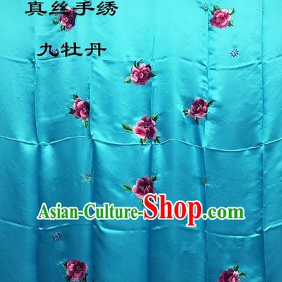 Traditional Asian Chinese Handmade Embroidery Ninth Peony Quilt Cover Silk Tapestry Deep Blue Fabric Drapery, Top Grade Nanjing Brocade Bed Sheet Cloth Material