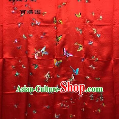 Traditional Asian Chinese Handmade Embroidery Hundred Butterfly Quilt Cover Silk Tapestry Red Fabric Drapery, Top Grade Nanjing Brocade Bed Sheet Cloth Material