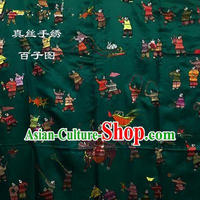 Traditional Asian Chinese Handmade Embroidery Hundred Sons Quilt Cover Silk Tapestry Deep Green Fabric Drapery, Top Grade Nanjing Brocade Bed Sheet Cloth Material