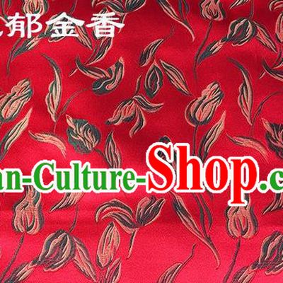 Traditional Asian Chinese Handmade Embroidery Tulip Silk Tapestry Tibetan Clothing Red Fabric Drapery, Top Grade Nanjing Brocade Cheongsam Cloth Material