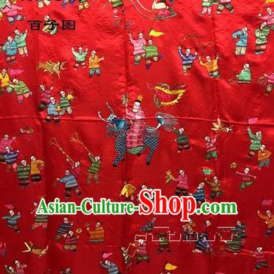 Traditional Asian Chinese Handmade Embroidery Hundred Sons Quilt Cover Silk Tapestry Red Fabric Drapery, Top Grade Nanjing Brocade Bed Sheet Cloth Material
