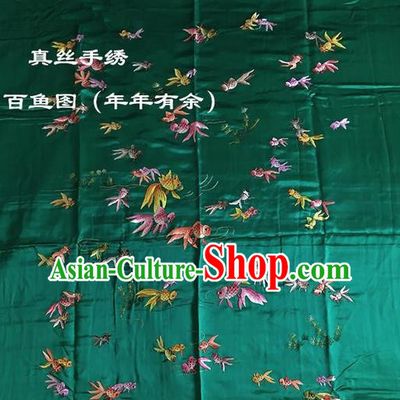 Traditional Asian Chinese Handmade Embroidery Fishes Quilt Cover Silk Tapestry Green Fabric Drapery, Top Grade Nanjing Brocade Bed Sheet Cloth Material