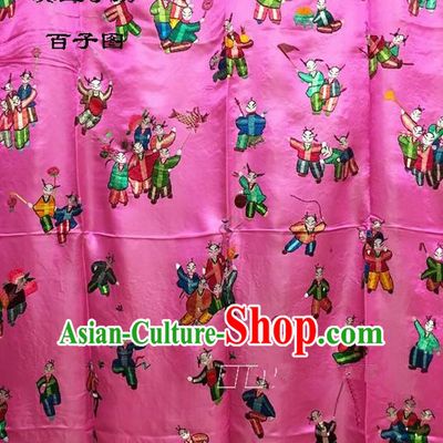 Traditional Asian Chinese Handmade Embroidery Hundred Sons Quilt Cover Silk Tapestry Pink Fabric Drapery, Top Grade Nanjing Brocade Bed Sheet Cloth Material