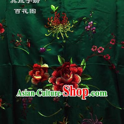 Traditional Asian Chinese Handmade Embroidery Hundred Flowers Quilt Cover Silk Tapestry Deep Green Fabric Drapery, Top Grade Nanjing Brocade Bed Sheet Cloth Material