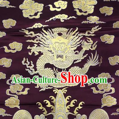 Traditional Asian Chinese Handmade Embroidery Dragons Silk Tapestry Purple Fabric Drapery, Top Grade Nanjing Brocade Cheongsam Cloth Material