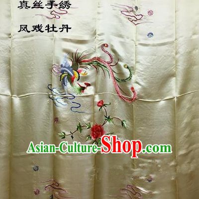 Traditional Asian Chinese Handmade Embroidery Phoenix Peony Quilt Cover Silk Tapestry Golden Fabric Drapery, Top Grade Nanjing Brocade Bed Sheet Cloth Material