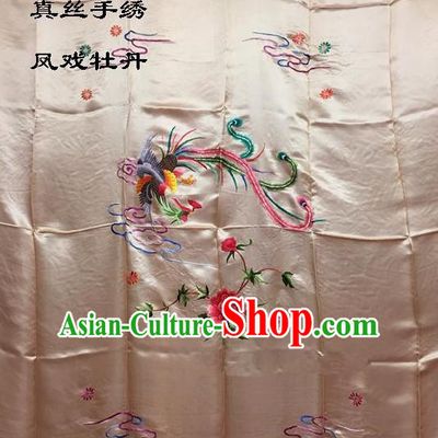 Traditional Asian Chinese Handmade Embroidery Phoenix Peony Quilt Cover Silk Tapestry Light Pink Fabric Drapery, Top Grade Nanjing Brocade Bed Sheet Cloth Material