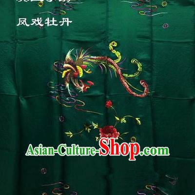 Traditional Asian Chinese Handmade Embroidery Phoenix Peony Quilt Cover Silk Tapestry Deep Green Fabric Drapery, Top Grade Nanjing Brocade Bed Sheet Cloth Material
