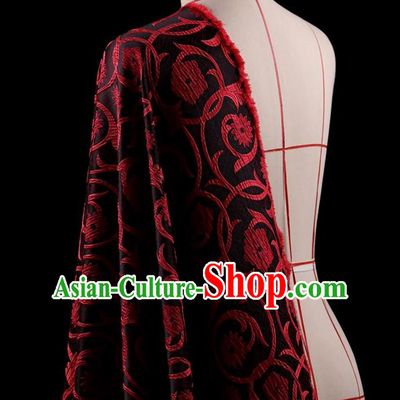 Traditional Asian Chinese Handmade Embroidery Red Flowers Coat Silk Tapestry Black Fabric Drapery, Top Grade Nanjing Brocade Ancient Costume Cheongsam Cloth Material