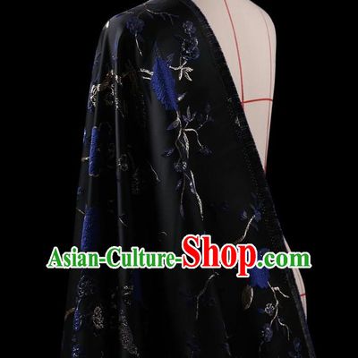 Traditional Asian Chinese Handmade Embroidery Flower Birds Jacquard Weave Coat Silk Tapestry Black Fabric Drapery, Top Grade Nanjing Brocade Ancient Costume Cheongsam Cloth Material