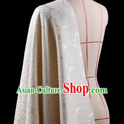 Traditional Asian Chinese Handmade Embroidery Rose Flower Jacquard Weave Coat Silk Tapestry White Fabric Drapery, Top Grade Nanjing Brocade Ancient Costume Cheongsam Cloth Material