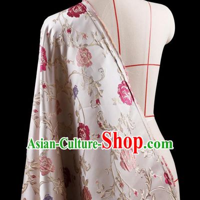 Traditional Asian Chinese Handmade Embroidery Flower Jacquard Weave Coat Silk Tapestry White Fabric Drapery, Top Grade Nanjing Brocade Ancient Costume Cheongsam Cloth Material