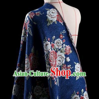 Traditional Asian Chinese Handmade Embroidery Flower Jacquard Weave Coat Silk Tapestry Blue Fabric Drapery, Top Grade Nanjing Brocade Ancient Costume Cheongsam Cloth Material