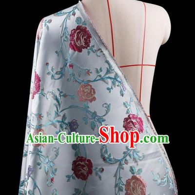 Traditional Asian Chinese Handmade Embroidery Flower Jacquard Weave Coat Blue Silk Satin Fabric Drapery, Top Grade Nanjing Brocade Ancient Costume Cheongsam Cloth Material