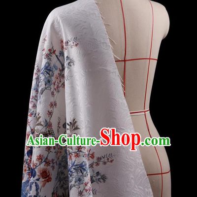 Traditional Asian Chinese Handmade Printing Flower Jacquard Weave Dress White Silk Satin Fabric Drapery, Top Grade Nanjing Brocade Ancient Costume Cheongsam Cloth Material