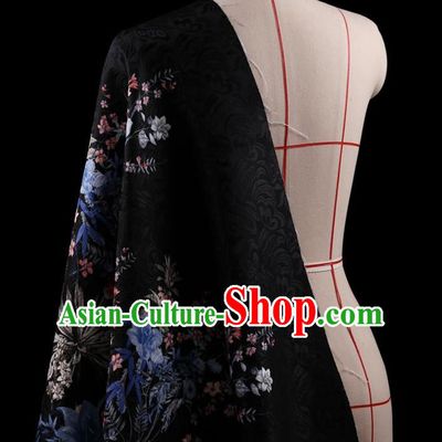 Traditional Asian Chinese Handmade Printing Flower Jacquard Weave Dress Black Silk Satin Fabric Drapery, Top Grade Nanjing Brocade Ancient Costume Cheongsam Cloth Material