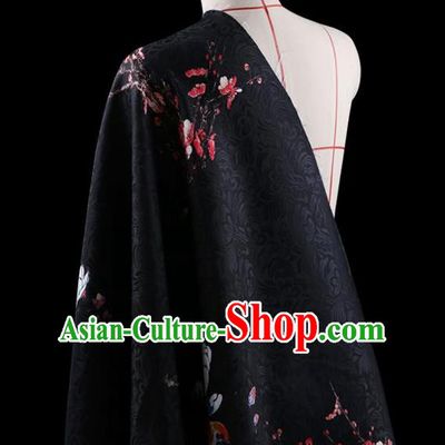 Traditional Asian Chinese Handmade Printing Birds Flower Jacquard Weave Dress Black Silk Satin Fabric Drapery, Top Grade Nanjing Brocade Ancient Costume Cheongsam Cloth Material