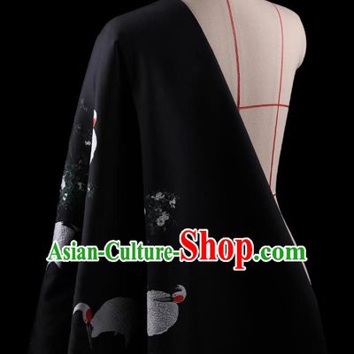 Traditional Asian Chinese Handmade Printing Cranes Dress Silk Satin Black Fabric Drapery, Top Grade Nanjing Brocade Ancient Costume Cheongsam Cloth Material