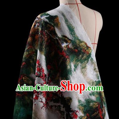 Traditional Asian Chinese Handmade Printing Landscape Dress Silk Satin Fabric Drapery, Top Grade Nanjing Brocade Ancient Costume Cheongsam Cloth Material