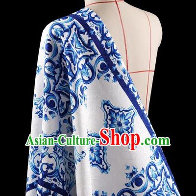 Traditional Asian Chinese Handmade Printing Blue and White Porcelain Dress Silk Satin Fabric Drapery, Top Grade Nanjing Brocade Ancient Costume Cheongsam Cloth Material