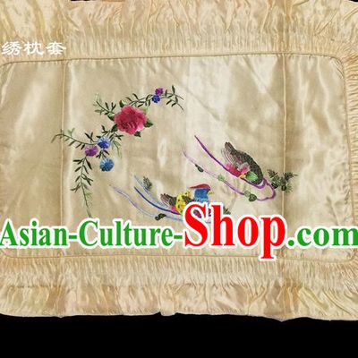 Traditional Asian Chinese Handmade Embroidery Mandarin Duck Silk Yellow Pillowslip, Top Grade Nanjing Brocade Pillow Cover