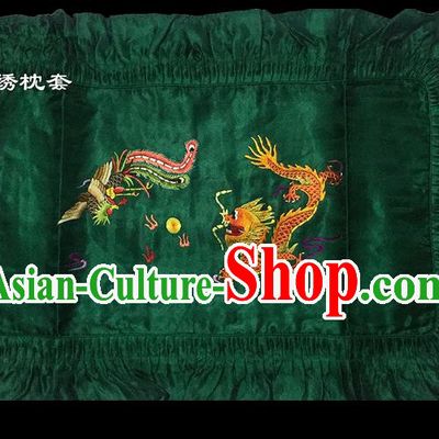 Traditional Asian Chinese Handmade Embroidery Dragon and Phoenix Silk Green Pillowslip, Top Grade Nanjing Brocade Pillow Cover