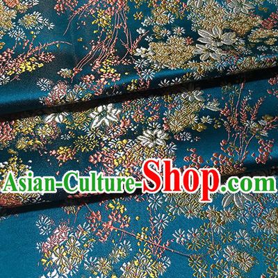 Traditional Asian Chinese Handmade Embroidery Oriental Cherry Silk Satin Tang Suit Blue Fabric Drapery, Nanjing Brocade Ancient Costume Hanfu Cheongsam Cloth Material