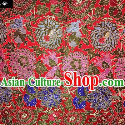 Traditional Asian Chinese Handmade Embroidery Flowers Silk Satin Tang Suit Red Fabric Drapery, Nanjing Brocade Ancient Costume Hanfu Cheongsam Cloth Material