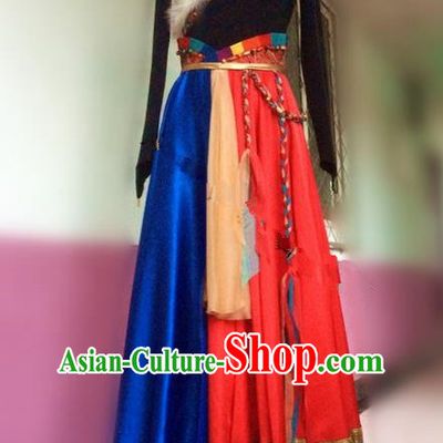 Traditional Chinese Zang Nationality Dance Dress, Mongols Female Folk Dance Ethnic Pleated Skirt, Chinese Tibetan Minority Nationality Embroidery Costume for Women