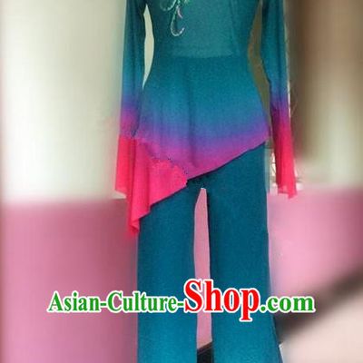 Traditional Ancient Chinese National Folk Yanko Dance Embroidery Costume, Elegant Hanfu China Classical Yangge Dance Blue Dress Clothing for Women