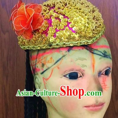 Traditional Chinese Uyghur Nationality Dance Red Hat, Folk Dance Ethnic Chinese Minority Nationality Uigurian Dance Headwear for Women