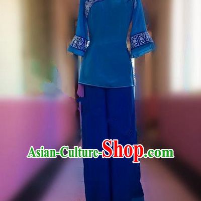 Traditional Ancient Chinese National Folk Yanko Dance Uniform, Elegant Hanfu China Classical Dance Dress Blue Clothing for Women