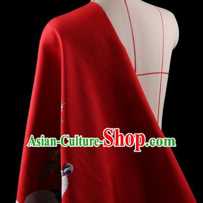 Traditional Asian Chinese Handmade Printing Cranes Dress Silk Satin Red Fabric Drapery, Top Grade Nanjing Brocade Ancient Costume Cheongsam Cloth Material
