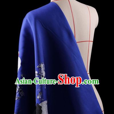 Traditional Asian Chinese Handmade Printing Cranes Dress Silk Satin Blue Fabric Drapery, Top Grade Nanjing Brocade Ancient Costume Cheongsam Cloth Material