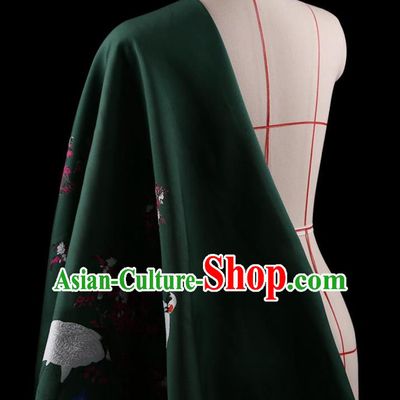Traditional Asian Chinese Handmade Printing Cranes Dress Silk Satin Green Fabric Drapery, Top Grade Nanjing Brocade Ancient Costume Cheongsam Cloth Material