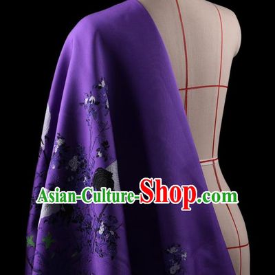 Traditional Asian Chinese Handmade Printing Cranes Dress Silk Satin Purple Fabric Drapery, Top Grade Nanjing Brocade Ancient Costume Cheongsam Cloth Material