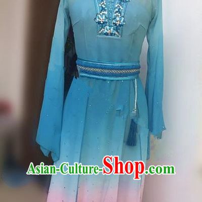 Traditional Ancient Chinese National Folk Yanko Dance Uniform, Elegant Hanfu China Classical Dance Dress Blue Clothing for Women