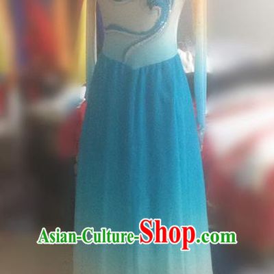 Traditional Ancient Chinese National Dance Uniform, Elegant Hanfu China Classical Dance Dress Blue Clothing for Women