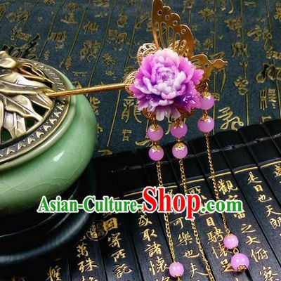 Traditional Handmade Chinese Ancient Classical Hair Accessories Pink Flower Hairpin, Step Shake Tassel Hair Stick, Hair Fascinators Hairpins for Women